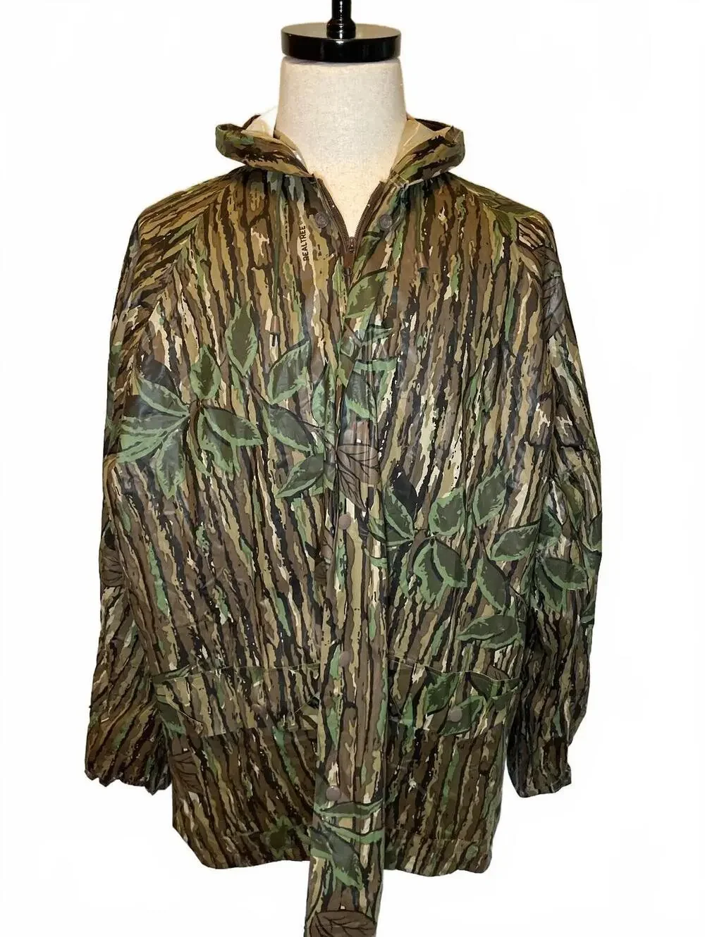 Vintage Realtree Camo Vinyl Rain Jacket Hunting Gorpcore Hooded Waterproof ~XL